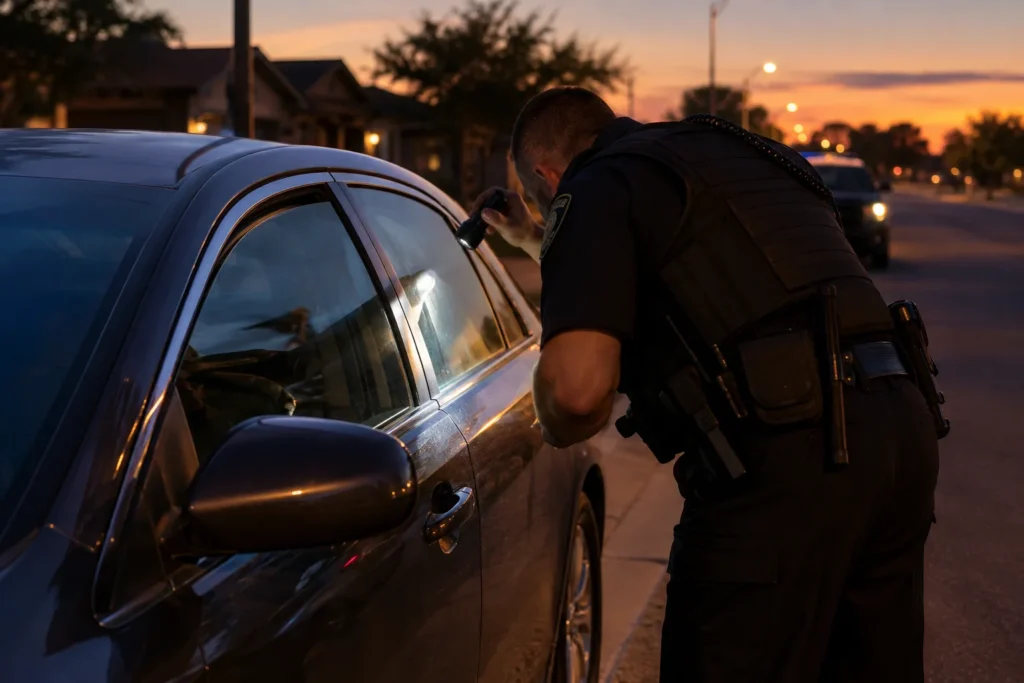 Police officer leaning over a vehicle to check if police unlock your car during a lockout.
