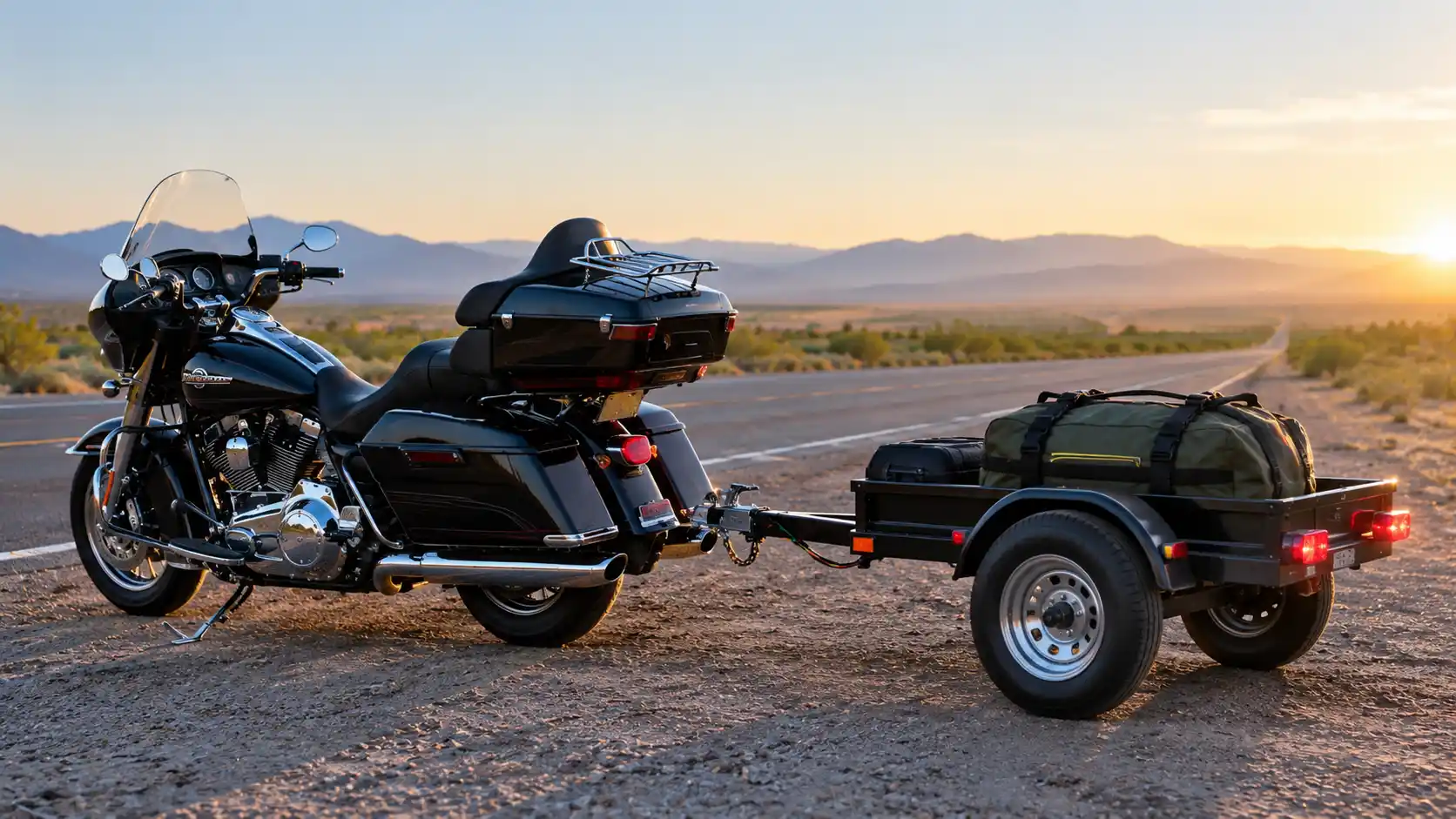 A touring motorcycle pulling a small cargo trailer on an open highway, answering can you tow a trailer with a motorcycle.