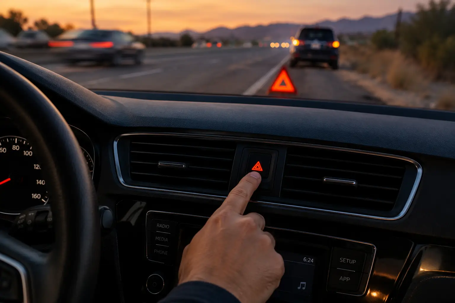 Hand turning on hazard lights after an accident to check for injuries and get to safety