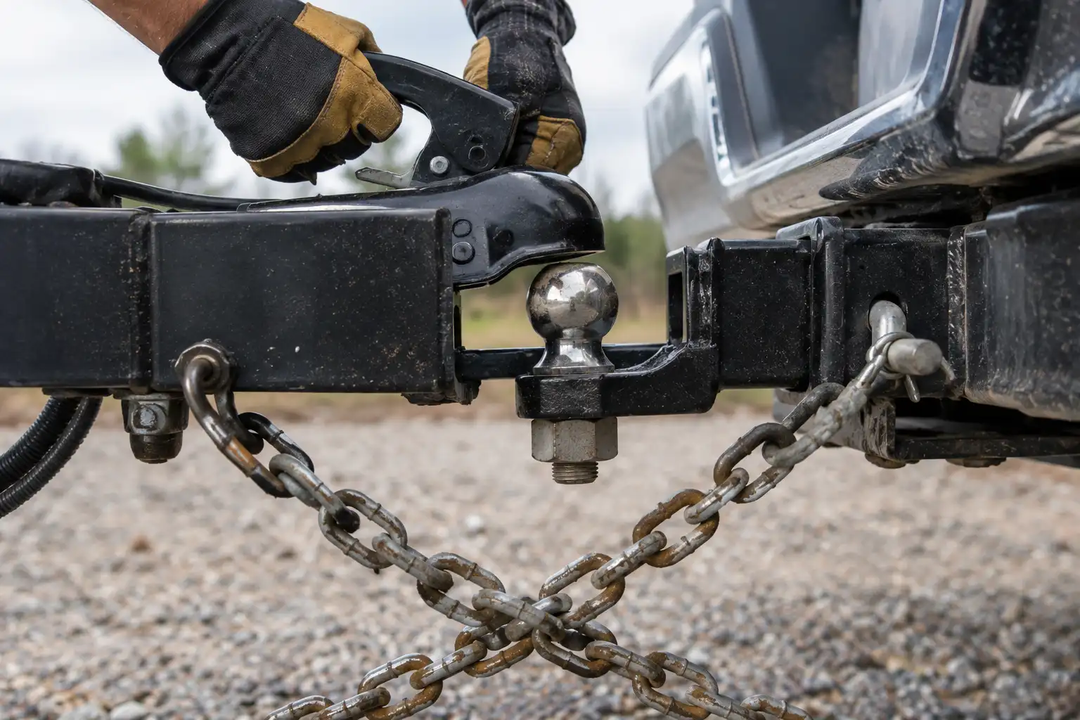 Hands wearing work gloves attaching a trailer coupler onto the right hitch ball mount.