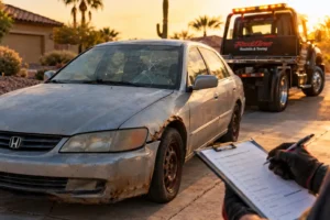 Tow truck operator inspecting a damaged silver Honda sedan with a cracked windshield to evaluate how much are junk cars worth.