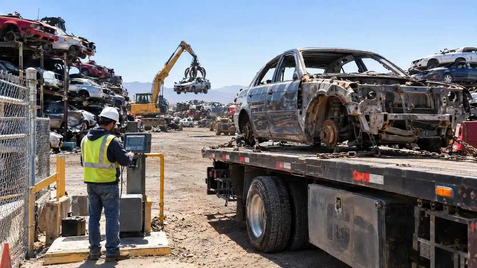 Junkyard worker operating a vehicle scale while weighing a scrapped car shell on a flatbed trailer to figure out how much can I get for my junk car.