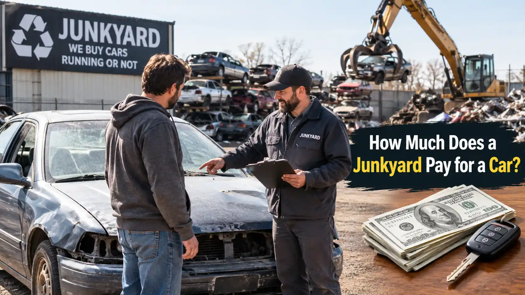 Tow truck operator evaluating a damaged silver Honda sedan on a driveway to determine how much does a junkyard pay for a car.