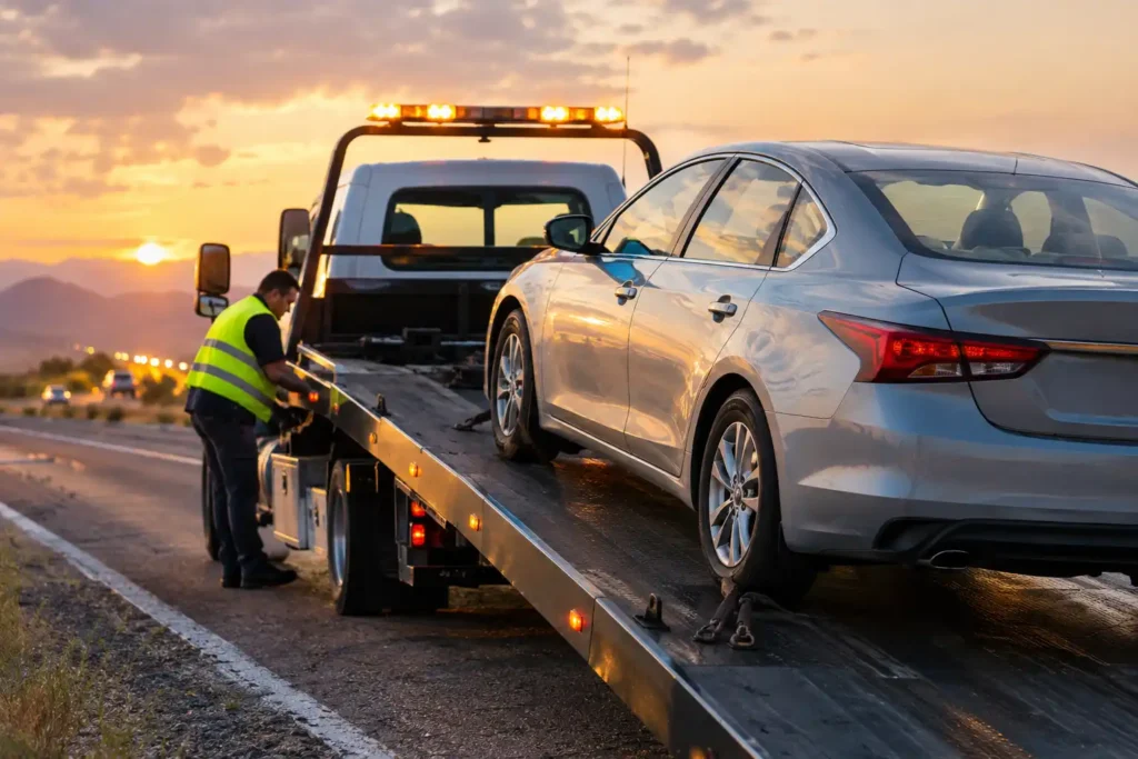 A tow truck driver securing a silver sedan on a flatbed bed towing truck on the highway, illustrating how much does a tow truck cost.