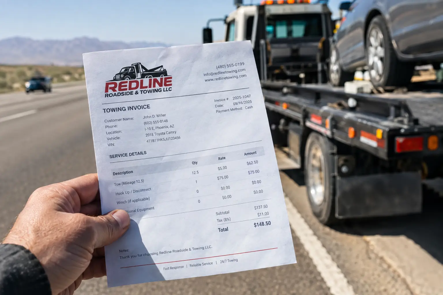 A hand holding a towing invoice showing mileage rates to explain how much does a tow truck cost per mile.