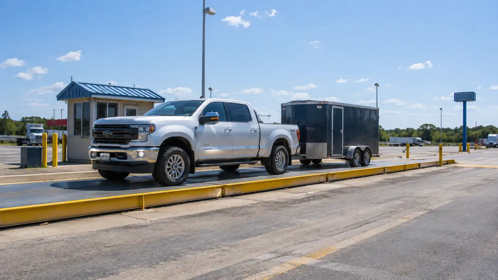 Silver pickup truck towing an enclosed cargo trailer on a truck scale to check if your trailer fits the 80/20 rule.
