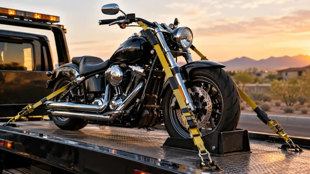 A cruiser motorcycle secured with yellow tie-down straps on a flatbed tow truck, demonstrating how to tow a motorcycle safely.
