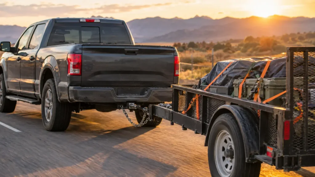Dark pickup truck learned how to tow a trailer safely for beginners on an open road during sunset.