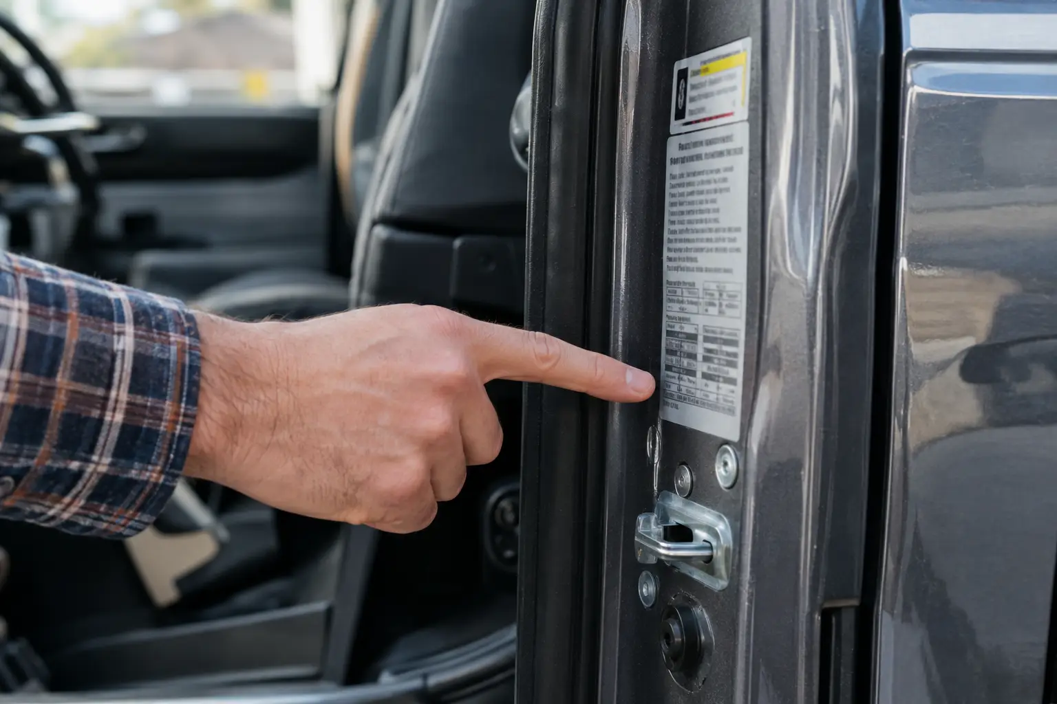 Person pointing to door jamb sticker to check vehicle's towing capacity before towing.