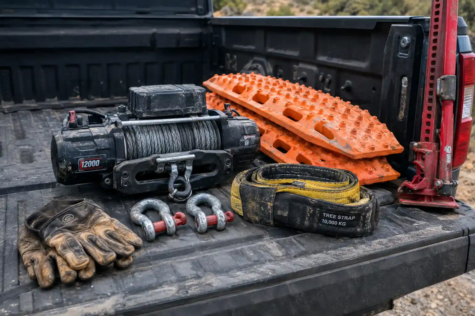 Essential off-road recovery equipment, explained simply, laid out on a truck tailgate including a winch, traction boards, tree strap, shackles, jack, and gloves.