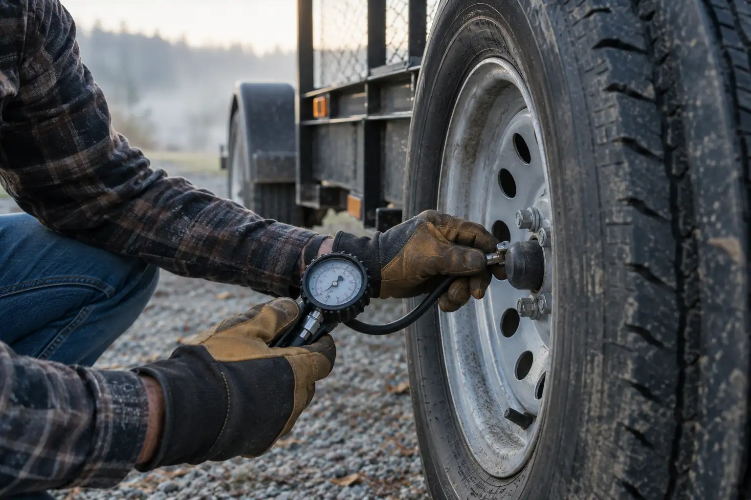 Person checking tire pressure with a gauge as part of a pre-drive safety checklist.