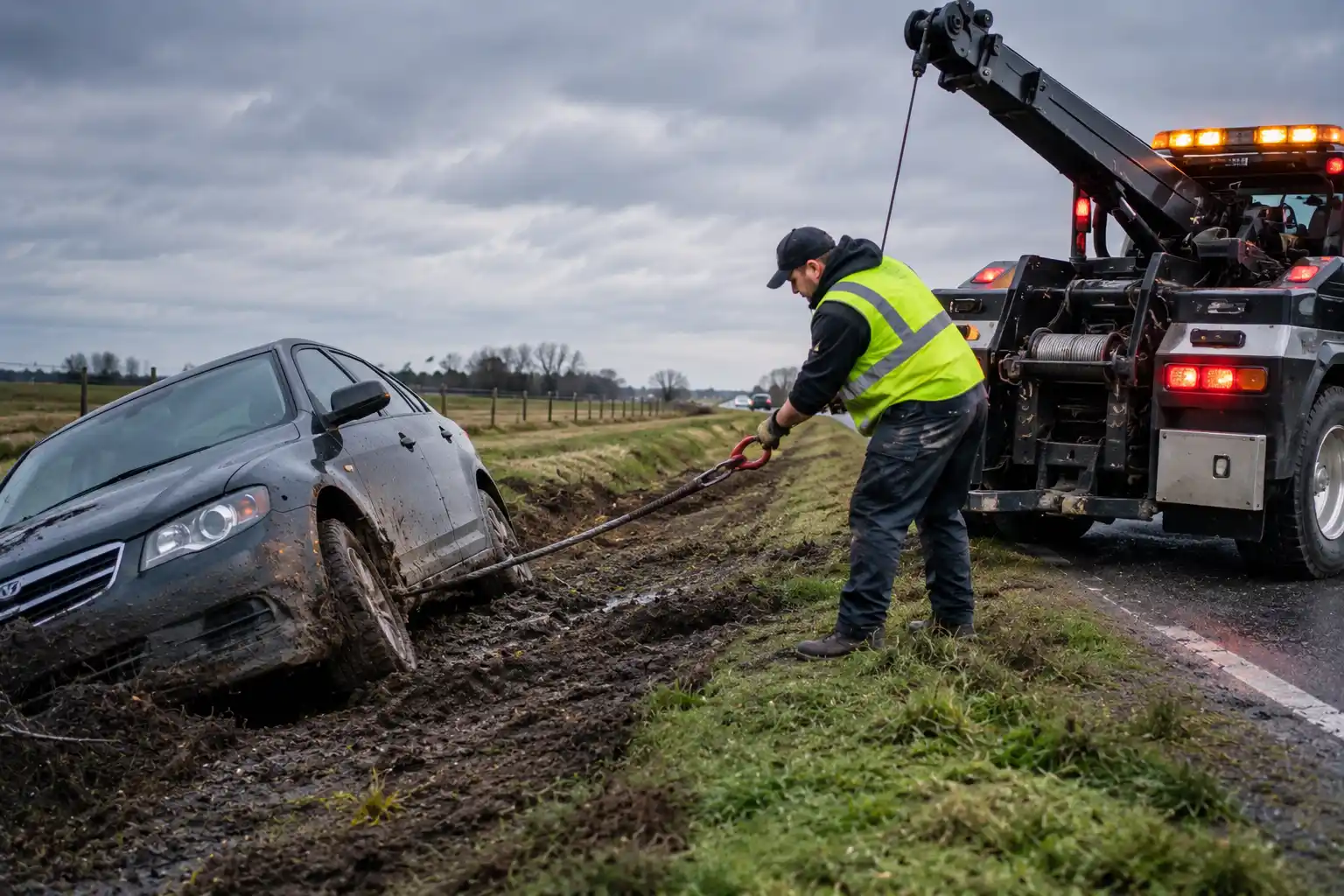 A tow truck operator using a winch cable to extract a car stuck in a muddy ditch, illustrating tow truck cost by situation.