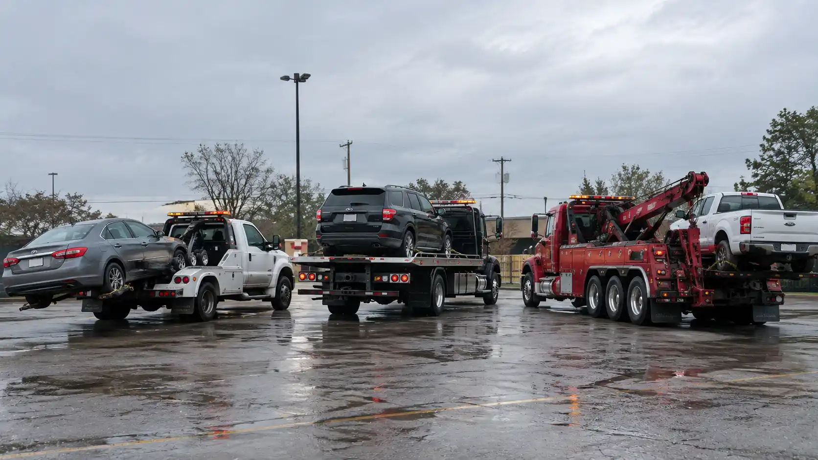 Three different tow trucks carrying a sedan, an SUV, and a pickup truck to show tow truck cost by vehicle type.