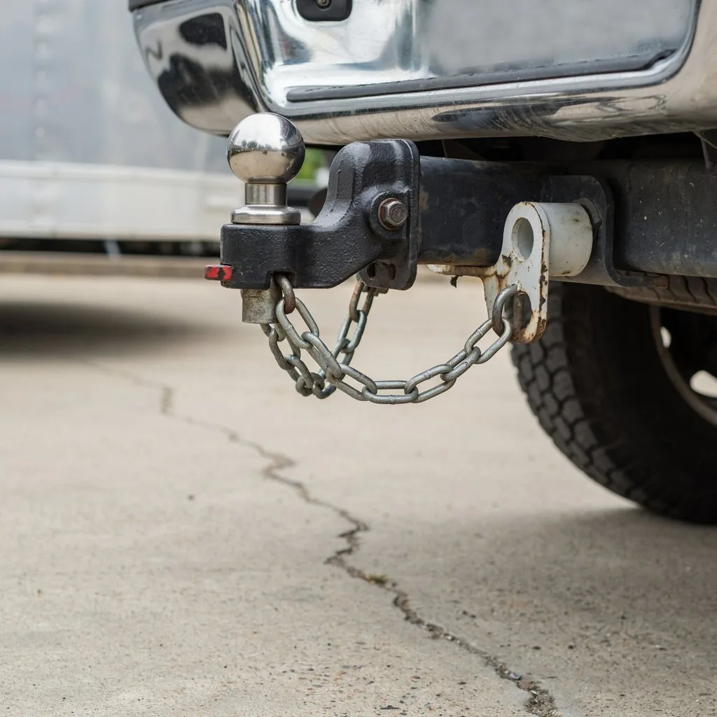 Close-up of a trailer hitch ball mount and safety chains attached to a vehicle for what is the 80/20 rule for towing.