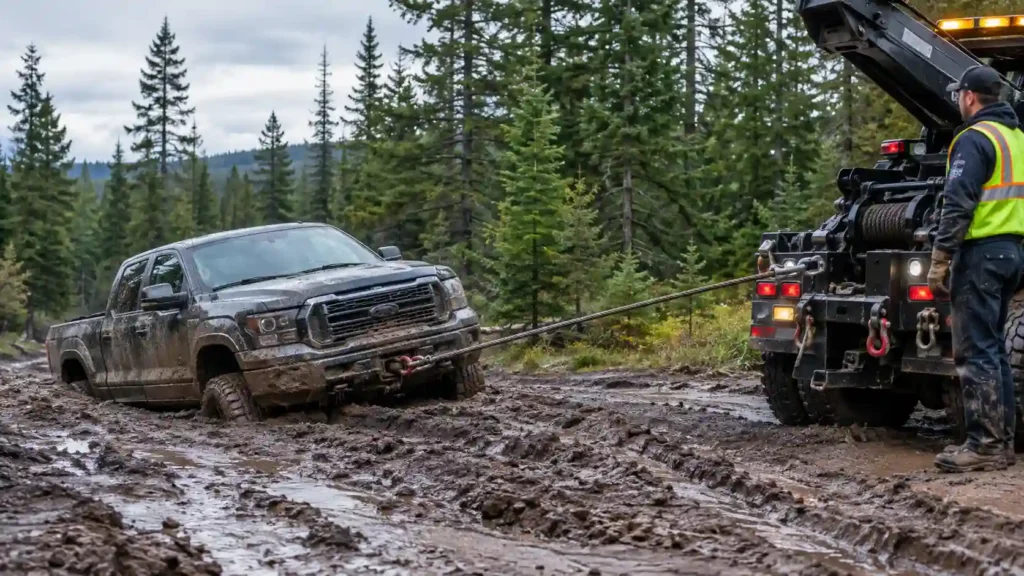 A tow truck winching a pickup truck out of deep mud to demonstrate what does off-road recovery mean.