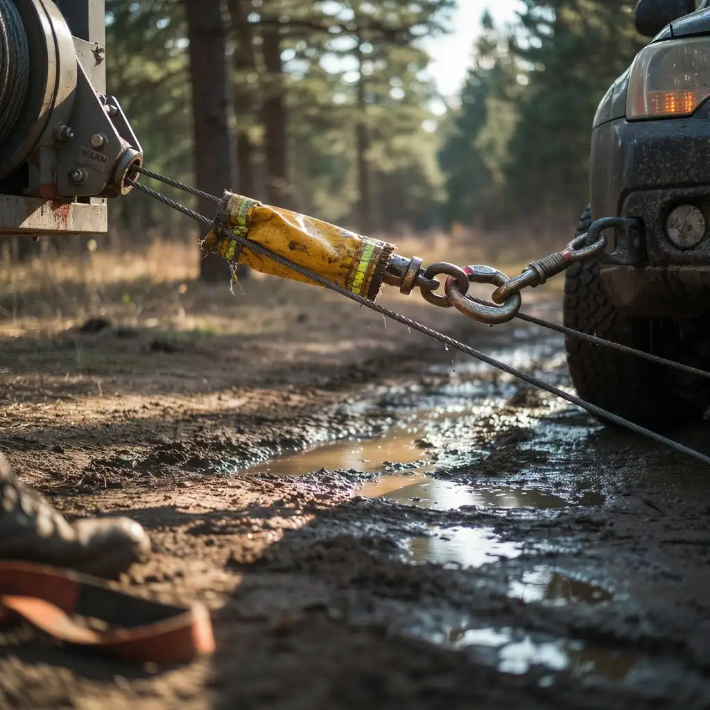 A heavy-duty tow truck pulling a stuck pickup out of deep mud, illustrating what does off-road recovery mean, exactly.