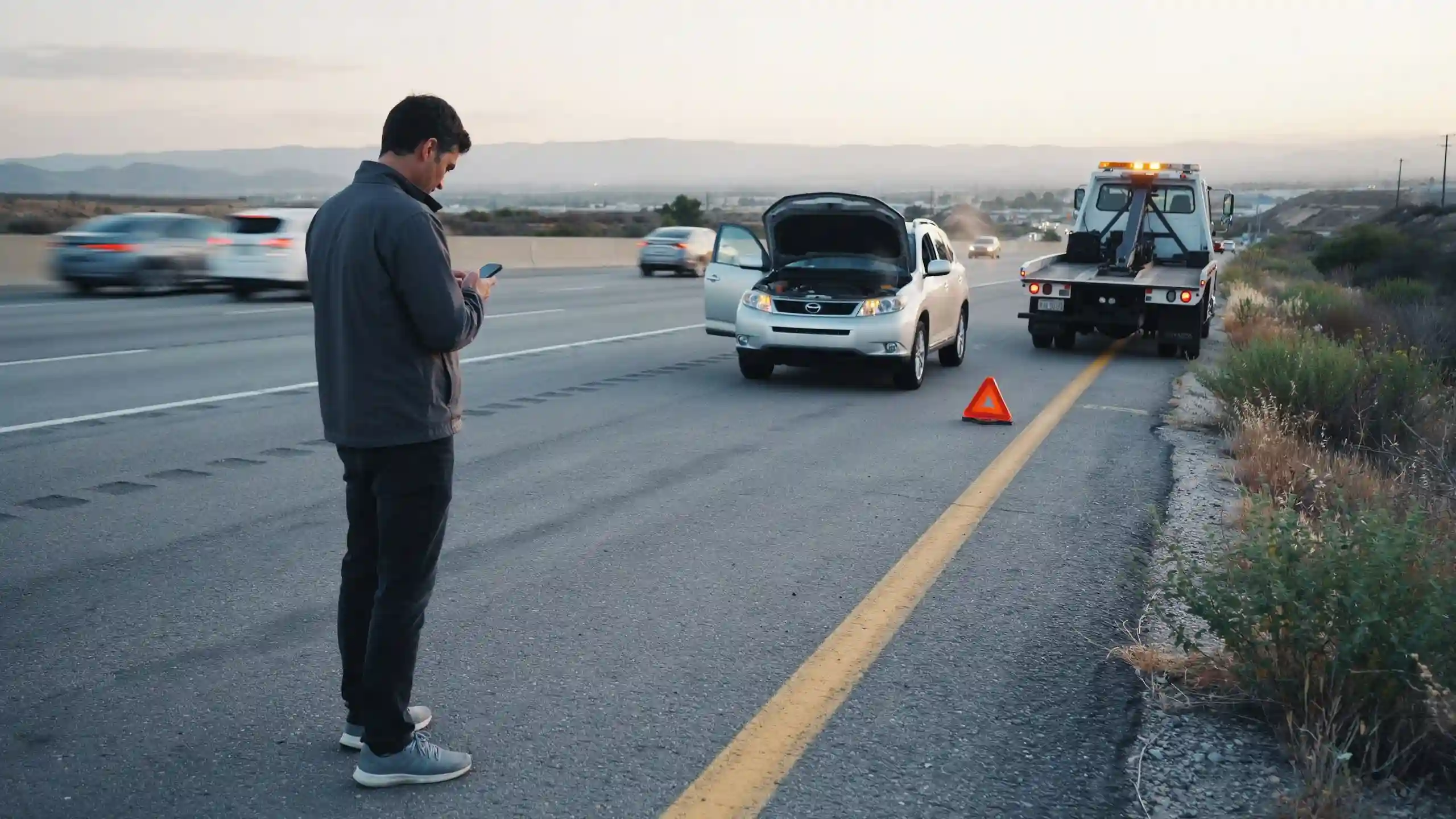 Driver calling towing service next to broken-down car on highway shoulder – What Does Tow Mean in a Car