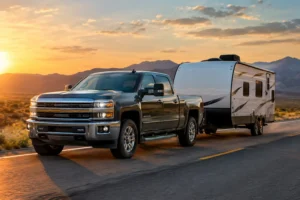 Pickup truck towing a travel trailer camper on the highway explaining what is the 80/20 rule for towing.