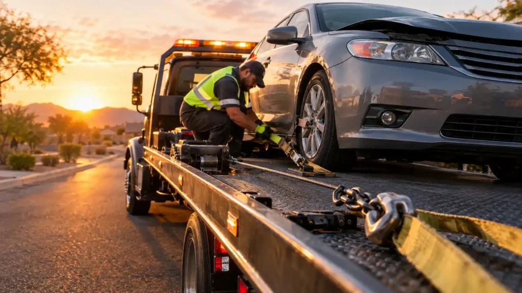 Tow truck operator securing a damaged sedan on a flatbed bed at sunset – what is the meaning of tow