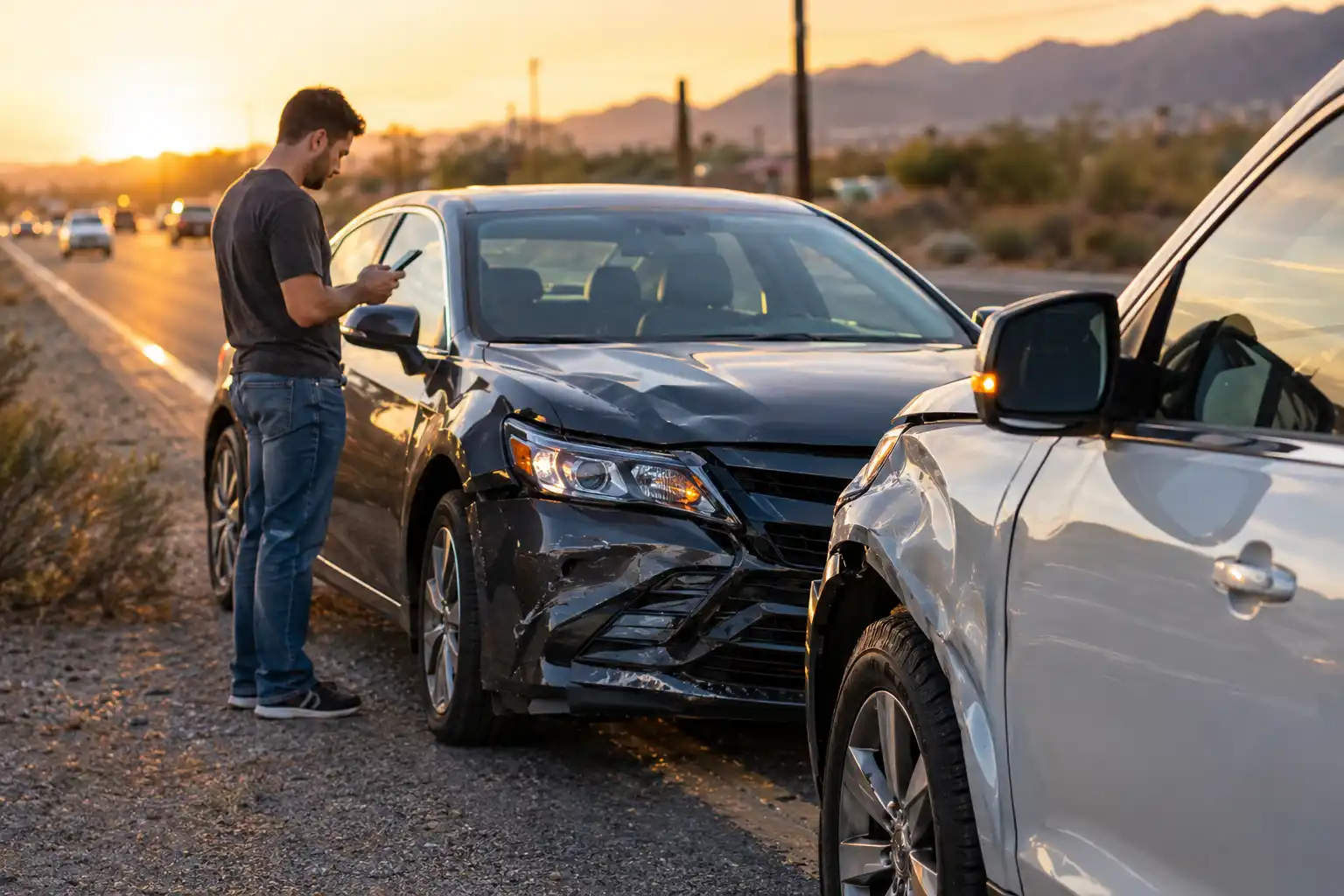 Man using smartphone to know what to do in a car accident on the roadside