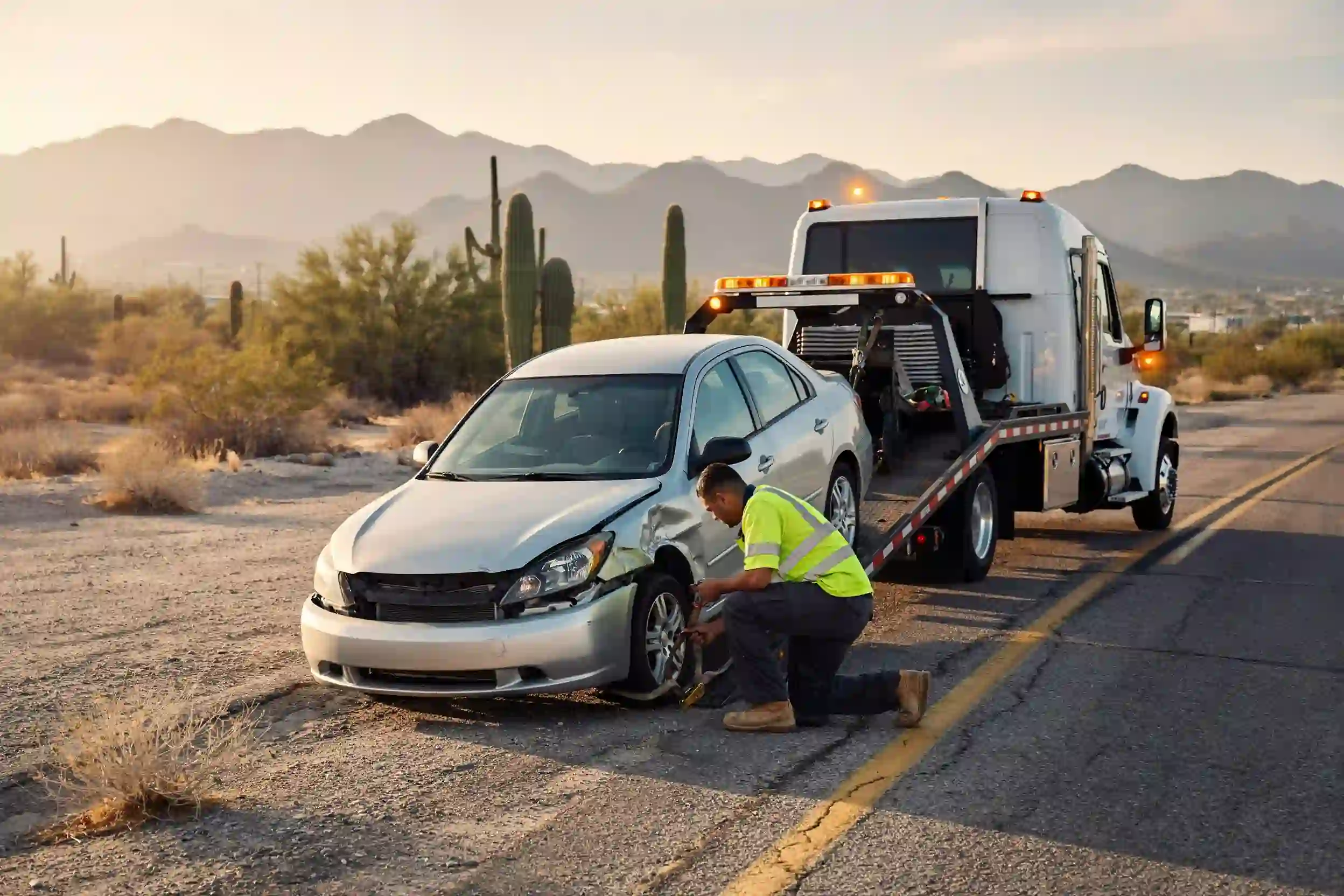 Tow truck driver preparing a damaged silver car for loading on a desert road to show if can you choose where your car is towed after an accident.