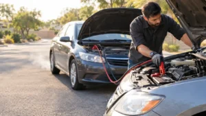 Man connecting jumper cables to learn how long does it take to jump a car battery outdoors.