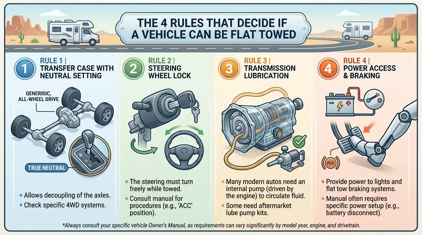 Infographic outlining the 4 rules that decide if a vehicle can be flat towed, including transfer case, steering lock, transmission lubrication, and power setup.