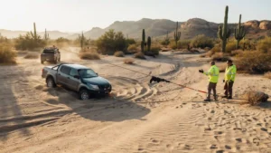 Two people guiding a winch line setup to help a stuck truck, illustrating what are common mistakes during an off-road recovery.