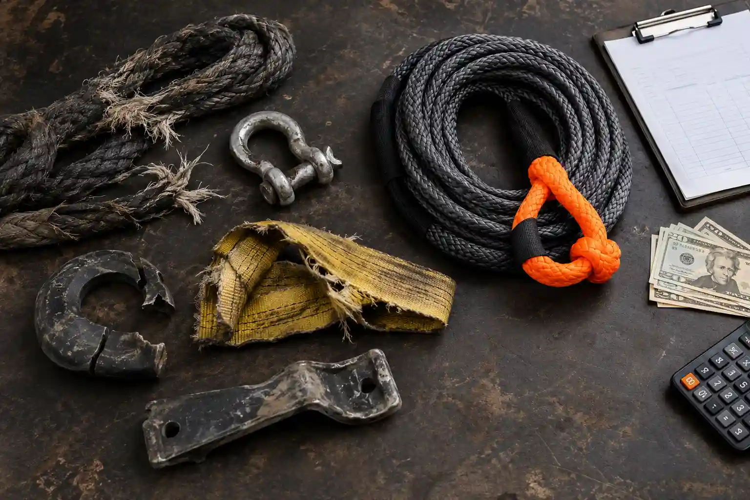 Damaged recovery gear next to cash and a calculator, illustrating what these mistakes can cost you during off-road vehicle extraction.