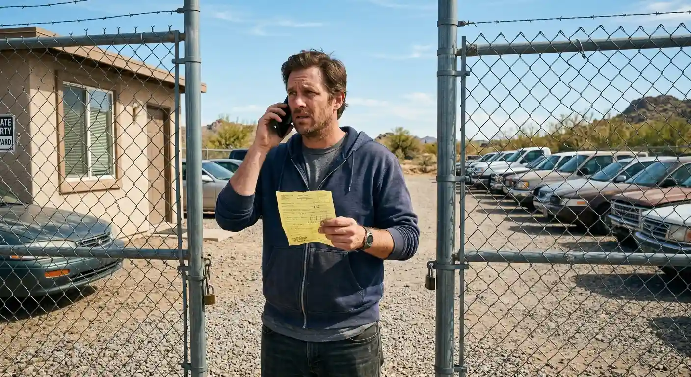 A man holding a yellow receipt talking on the phone outside a impound lot fence to understand what towing and storage cost.