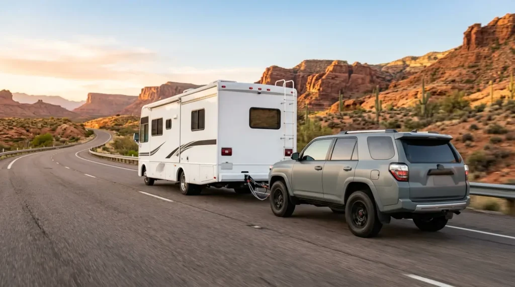 White motorhome towing a grey SUV on a scenic highway, illustrating what vehicles can be flat towed behind an RV.