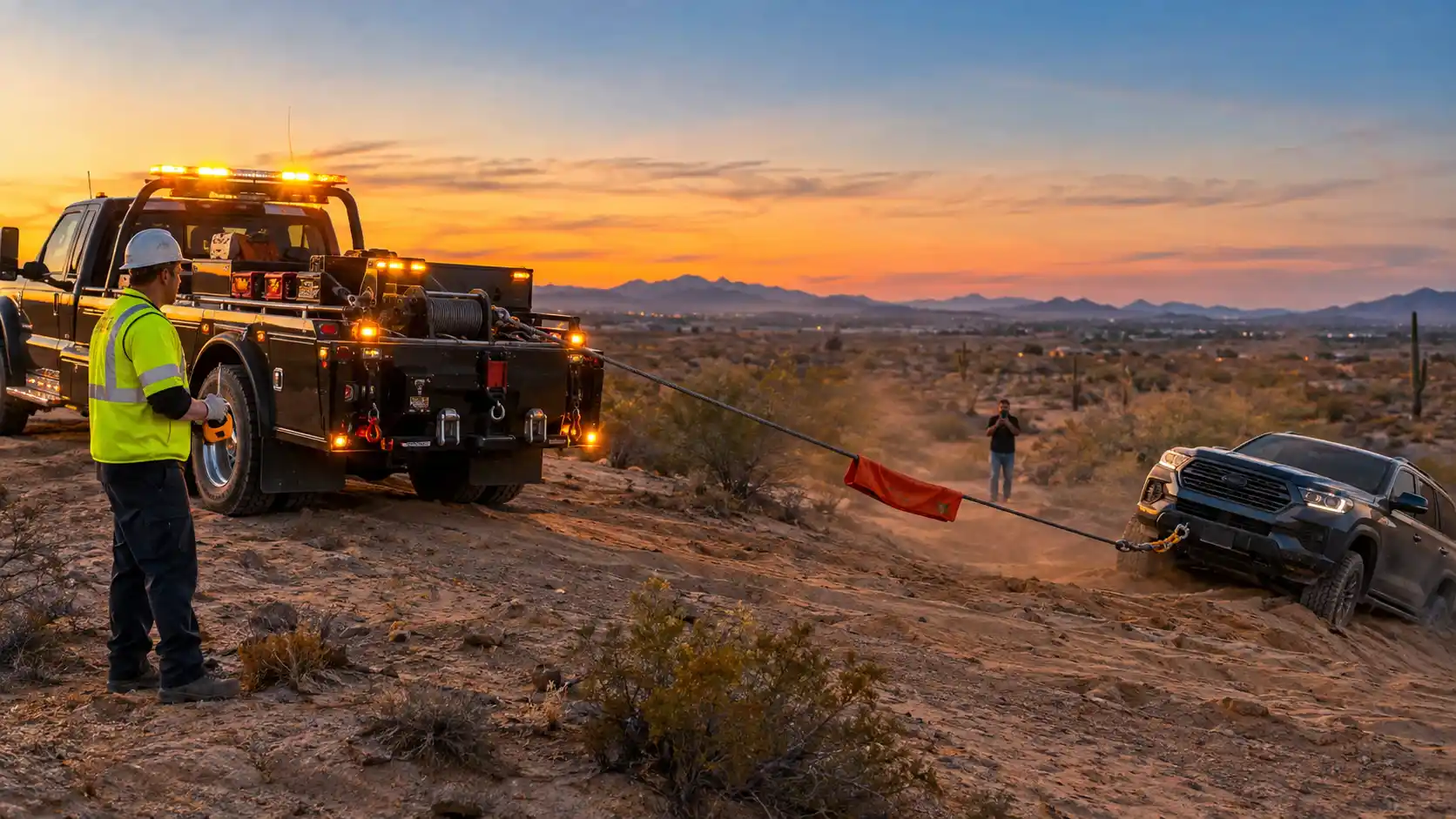 Professional recovery operator using a heavy-duty tow truck to winch a stuck vehicle, showing when to stop and call a pro.