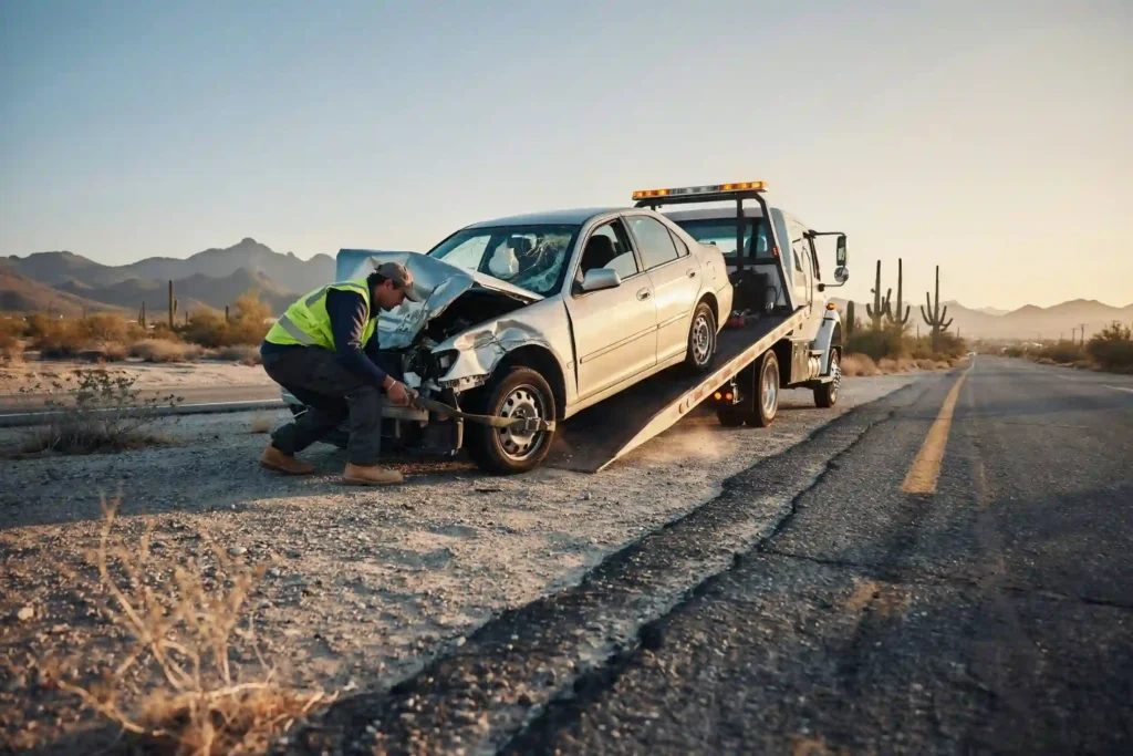 Tow truck worker loading a damaged silver sedan onto a flatbed, illustrating where do cars get towed after an accident.