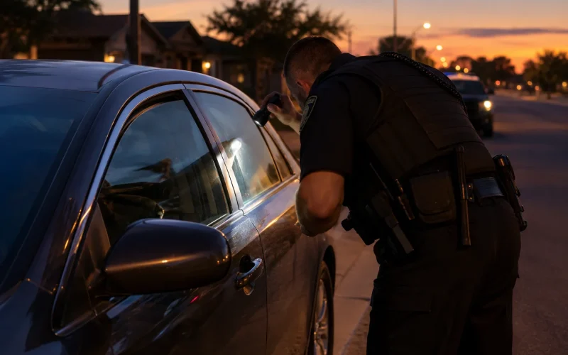 Police officer leaning over a vehicle to check if police unlock your car during a lockout.