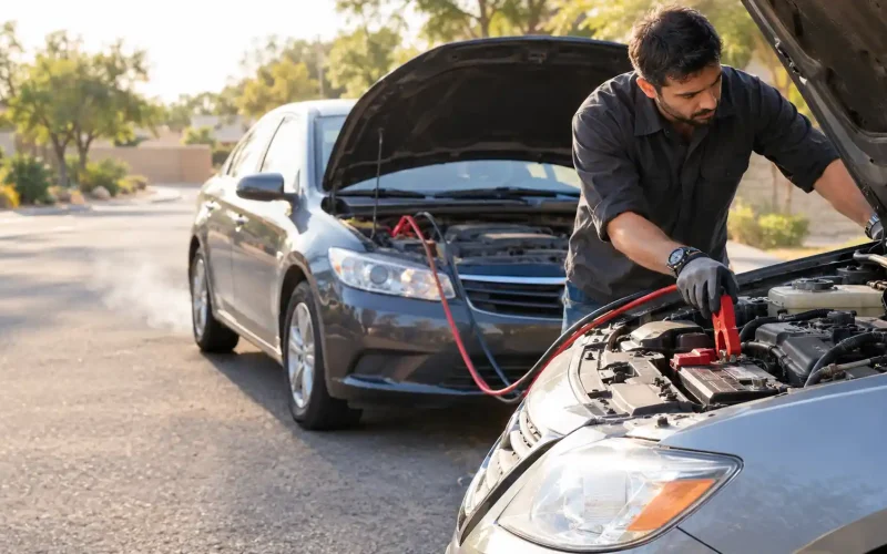 Man connecting jumper cables to learn how long does it take to jump a car battery outdoors.