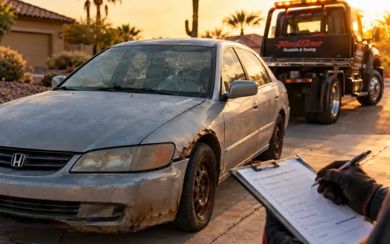 Tow truck operator inspecting a damaged silver Honda sedan with a cracked windshield to evaluate how much are junk cars worth.