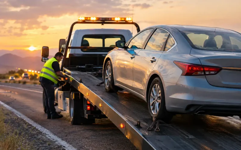A tow truck driver securing a silver sedan on a flatbed bed towing truck on the highway, illustrating how much does a tow truck cost.