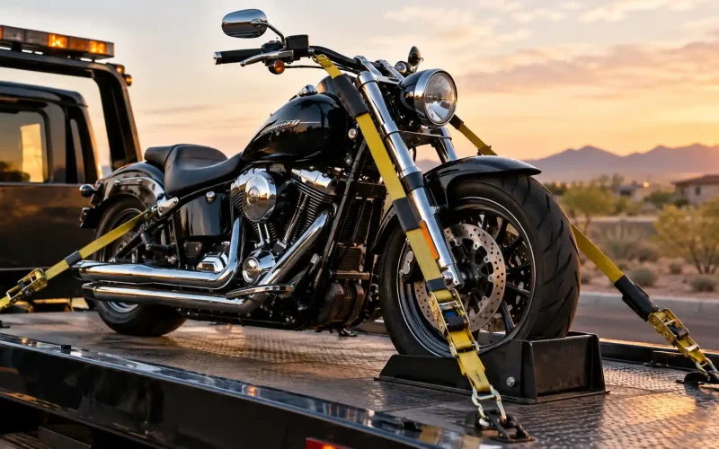 A cruiser motorcycle secured with yellow tie-down straps on a flatbed tow truck, demonstrating how to tow a motorcycle safely.