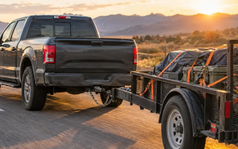 Dark pickup truck learned how to tow a trailer safely for beginners on an open road during sunset.