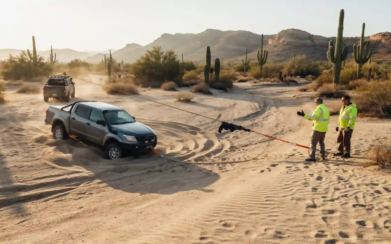 Two people guiding a winch line setup to help a stuck truck, illustrating what are common mistakes during an off-road recovery.