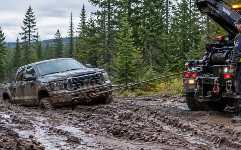 A tow truck winching a pickup truck out of deep mud to demonstrate what does off-road recovery mean.