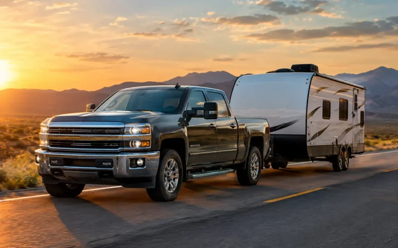 Pickup truck towing a travel trailer camper on the highway explaining what is the 80/20 rule for towing.