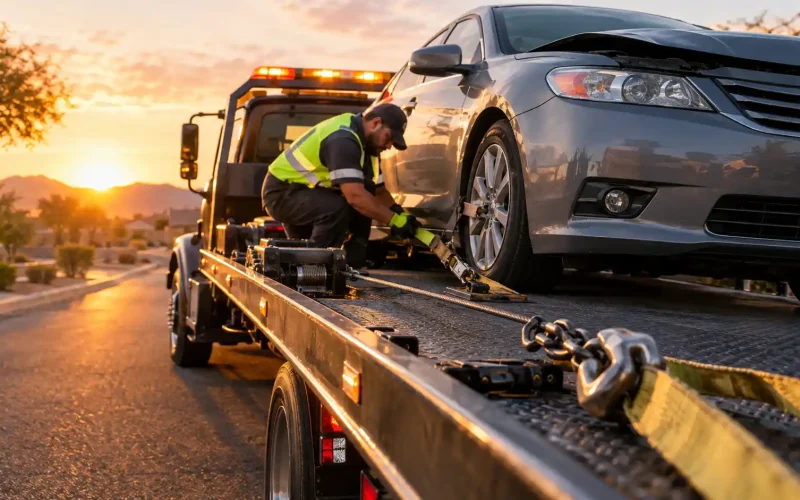 Tow truck operator securing a damaged sedan on a flatbed bed at sunset – what is the meaning of tow