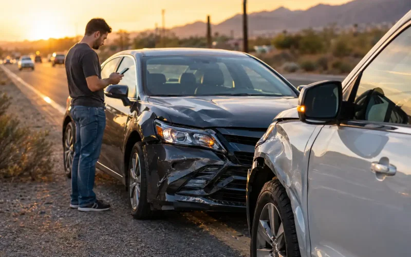 Man using smartphone to know what to do in a car accident on the roadside