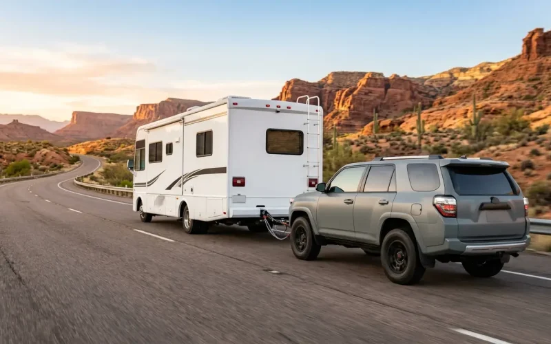 White motorhome towing a grey SUV on a scenic highway, illustrating what vehicles can be flat towed behind an RV.