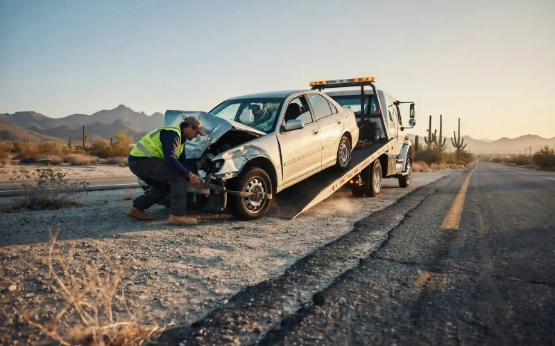 Tow truck worker loading a damaged silver sedan onto a flatbed, illustrating where do cars get towed after an accident.